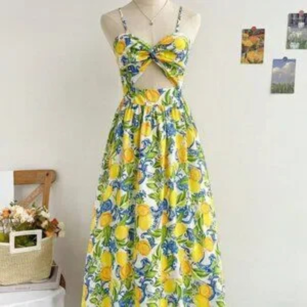Multicolor Boho Women's Spaghetti Strap V-Neck Knotted Waist A-Line Midi Dress